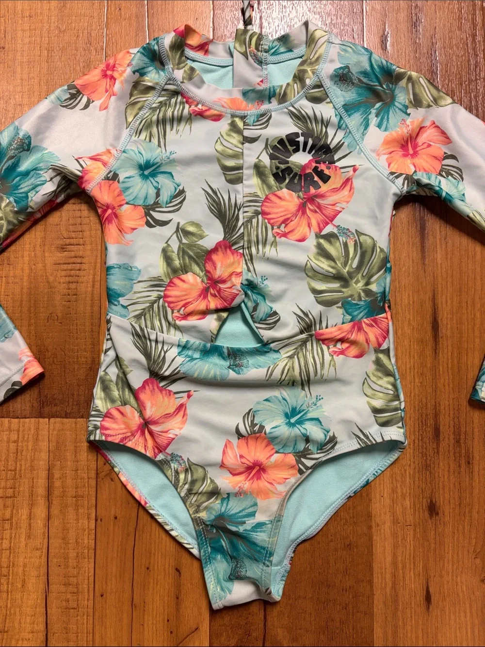 Justice Girls Long-Sleeve Tropical Floral One-Piece Swimsuit - Size 7/8